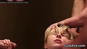 Pretty face drips with hot jizz after swallowing bukkake load from handjob frenzy