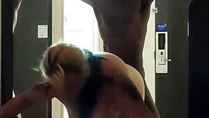 Cheating chubby blonde trailer park milf bends over in hotel bathroom for black cock doggystyle pounding footjob and barefoot whore fun