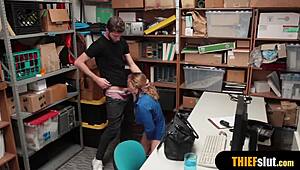 Hot blonde milf security guard catches thief, bends for rough tits-bouncing doggystyle fuck