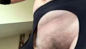 Hairy European Milf Housewife Stretches Beaver in Gym Fishnets Workout