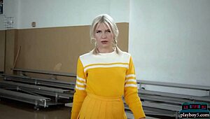 Petite Blonde Milf Cheerleader Lennon Elizabeth Strips Clothes Ripped On Bball Court!