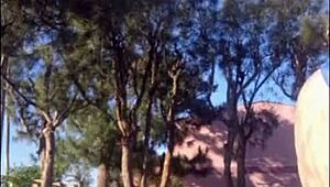 madrasta struts in new bikini around the home garden, flashing her fat ass and tits for stepson