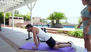 damn sexy asian linda lan begs pt to pound her tight shaved pussy during workout!