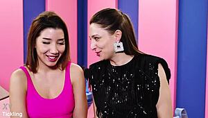 Watch Italian beauty Layla squirm in extreme tickling! Talia Mint giggles her feet toes belly armpits in bondage challenge