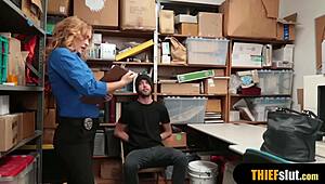 Hot blonde milf security guard catches thief, bends for rough tits-bouncing doggystyle fuck