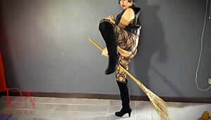 Halloween witch regina noir slips out of black playboy bunny suit backstage