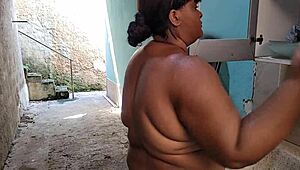 Mother-in-law gulps stepson's massive facial cumshot outside! Can you handle her squirting tits?