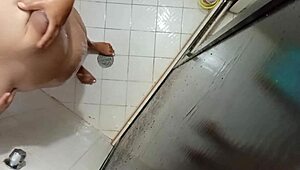 Voyeur catches CURLY chubby CUÑADA stripping in the SHOWER voyeur style