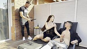 Mary Rock Fucks Boyfriend and Waiter in Hot Threesome