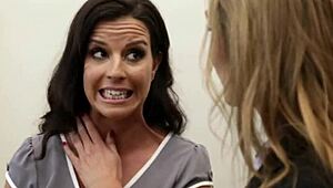 Stepmom grabs the dildo and fucks her busty teen stepdaughter's tight hole while they kiss