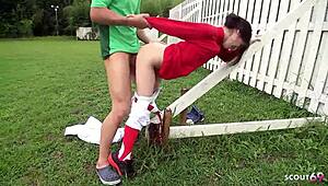 Skinny Japanese cricket babe bends for coach's uncensored creampie doggy outdoors