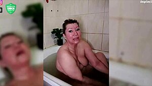 Aimee shaves her hairless pussy while jerking off mature slut close-up in bathroom