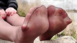 Forest Goddess Spreads Legs Teasing Feet in Tan Pantyhose