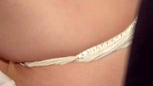 Hubby pulls aside wife's satin panties and pumps her full of creampie in their bed