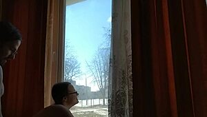 Helga risks public bareback ass fuck by window as people pass