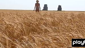 Big boobed blonde Canadian milf Jenessa Dawn poses naked outdoors