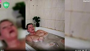 Aimee shaves her hairless pussy while jerking off mature slut close-up in bathroom