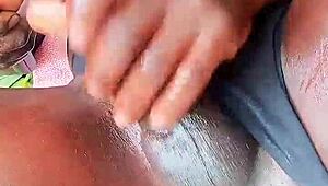 sexyjayla254 strokes her oiled ebony shemale monster outside solo watch her cum