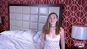 Wow, ginger samantha reigns deepthroats huge cock before riding it cowgirl and taking creampie doggystyle on bed!