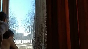 Helga risks public bareback ass fuck by window as people pass