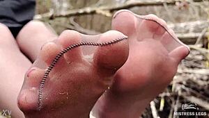 Forest Goddess Spreads Legs Teasing Feet in Tan Pantyhose