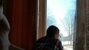 Helga risks public bareback ass fuck by window as people pass