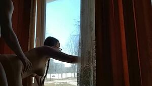 Helga risks public bareback ass fuck by window as people pass