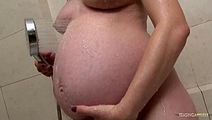 whoa 😍 totally relaxed post-shower pregnant brunette milf rides thick cock cowgirl then doggystyle on shaved pussy!