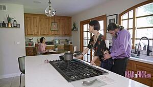 Stepfamily Thrills: Mom Fucked Cooking, Daughter Sucks Dick Studying