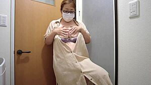 A married japanese bride sneaks standing masturbation pleasure at her wedding, big tits heaving!