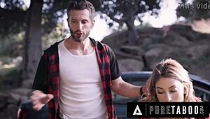 desperate hitchhiker kristen scott bends over for escaped criminal's rough doggystyle pounding but will sloppy cunilingus and facial cum save her?