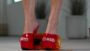 Petite girl smashes juicy fruits under her sexy high heels!