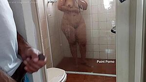 Latina milf mother-in-law bathes door open for spying big tits ass