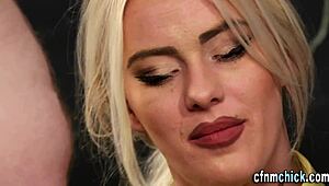 Clothed babe humiliates with student handjob suck