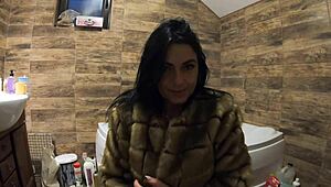 Milfycalla Pees in Bathtub Wearing Fur Coat and Sheer Pantyhose Tease
