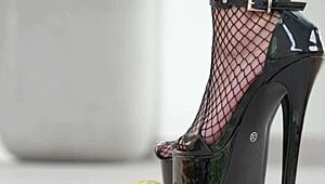Petite girl smashes juicy fruits under her sexy high heels!