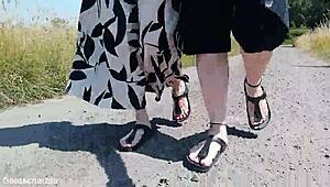 barefoot birkenstocks stroll in nature