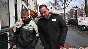 Amsterdam Hooker in Stockings Gets Jizz Shower on Natural Boobs