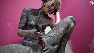 anal stretching gape in work clothes with buttplug squirt paint and assplay toys