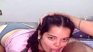 brunette teen deepthroats huge cock then rides to creampie closeup