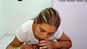 rich cute latina blonde licks cock deep in blouse blowjob