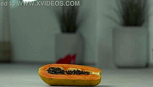 Petite girl smashes juicy fruits under her sexy high heels!