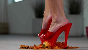 Petite girl smashes juicy fruits under her sexy high heels!