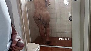 Latina milf mother-in-law bathes door open for spying big tits ass