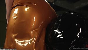 busty latex femdom pegs bound man's ass with strapon domination