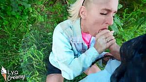 blonde babe wanna see me suck this monster cock with sloppy handjob outdoors?