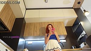 Redhead Hot Wife Teases New White Miniskirt Pink Panties Before Stripping Legs Tattoo