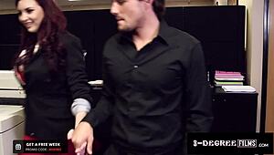 Big-titted redhead secretary spreads on desk for boss's titty fuck doggystyle and missionary pounding