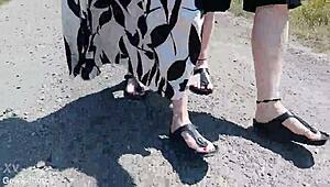 barefoot birkenstocks stroll in nature