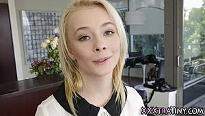 Tiny Blonde Teen Swallows Massive Cumshot Load